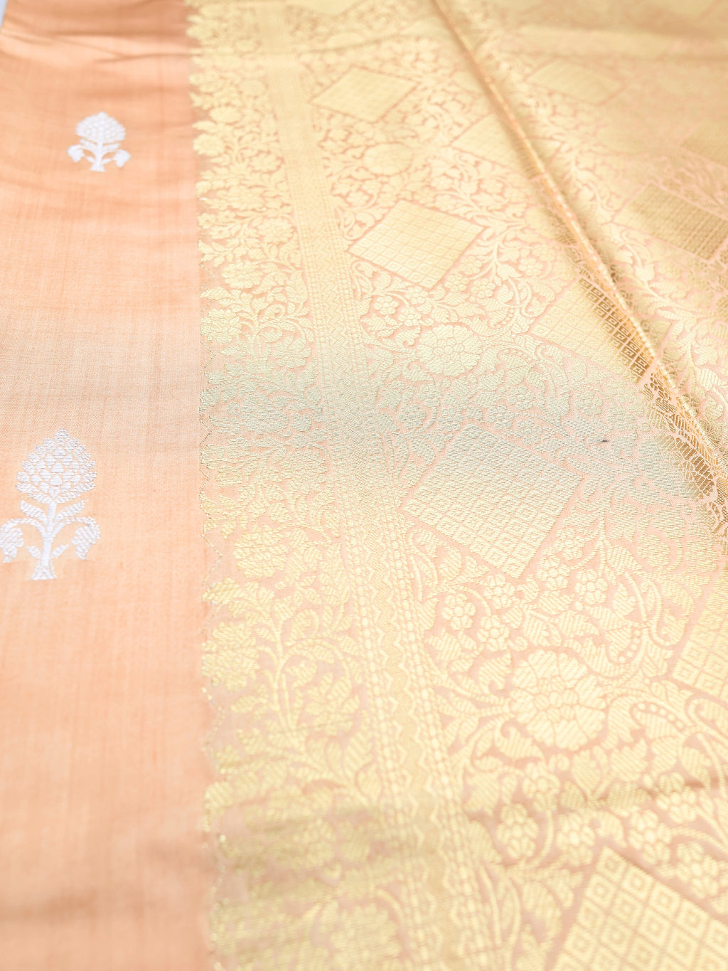 Peach Chiniya Silk Banarasi Saree with Gold and Silver Zari