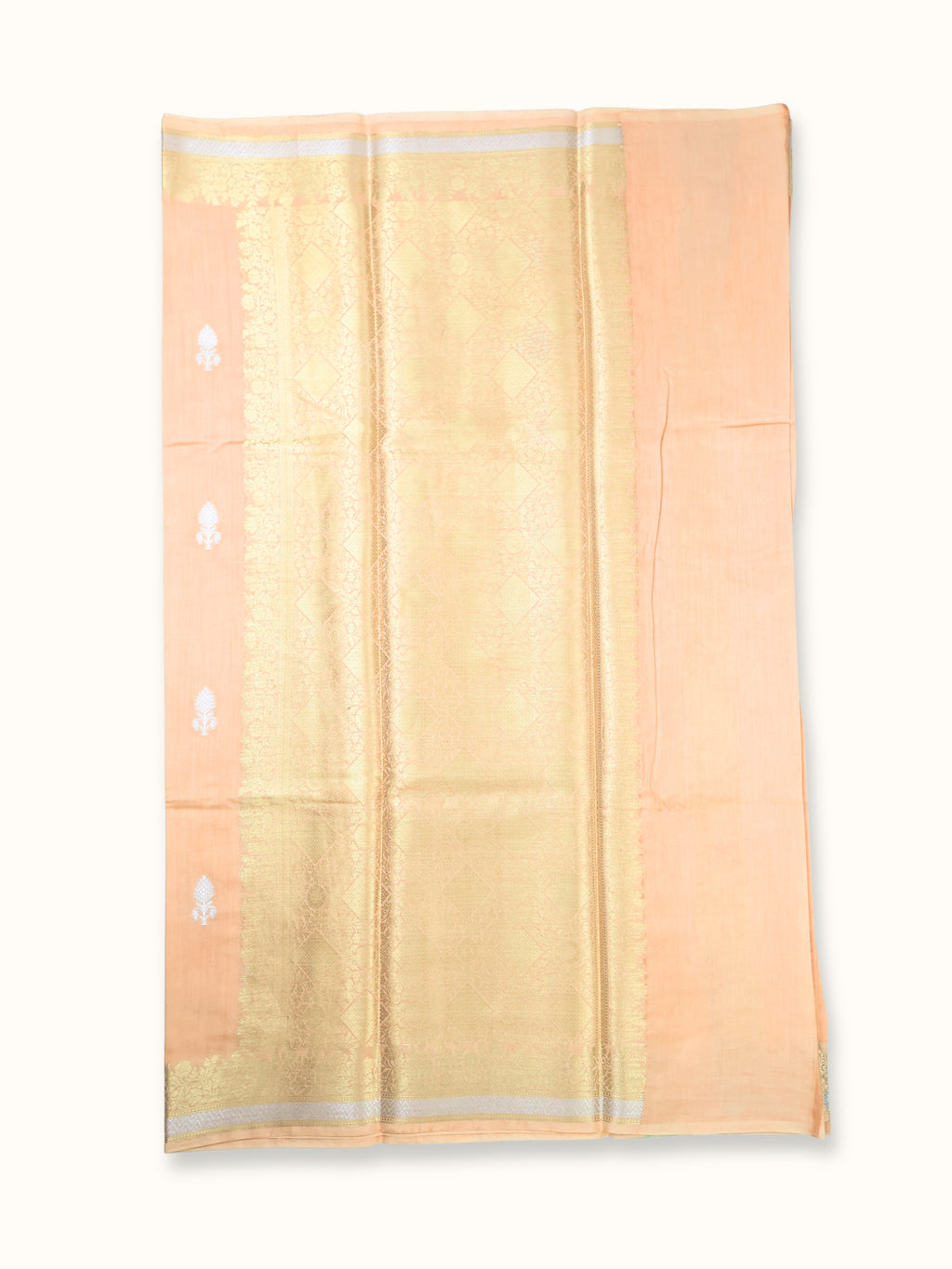 Peach Chiniya Silk Banarasi Saree with Gold and Silver Zari
