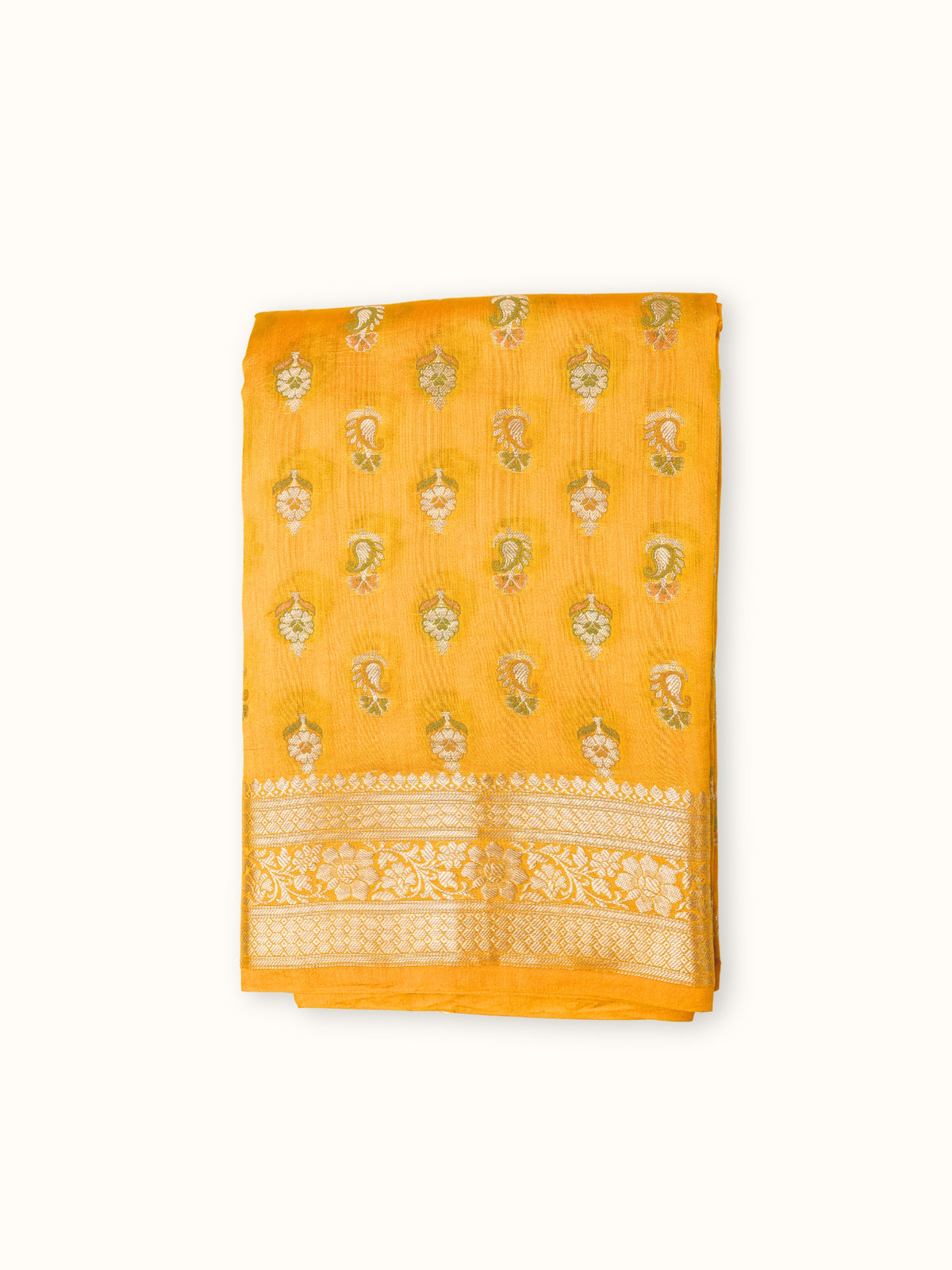 Marigold Yellow Chiniya Silk Banarasi Saree with Meenakari Butis