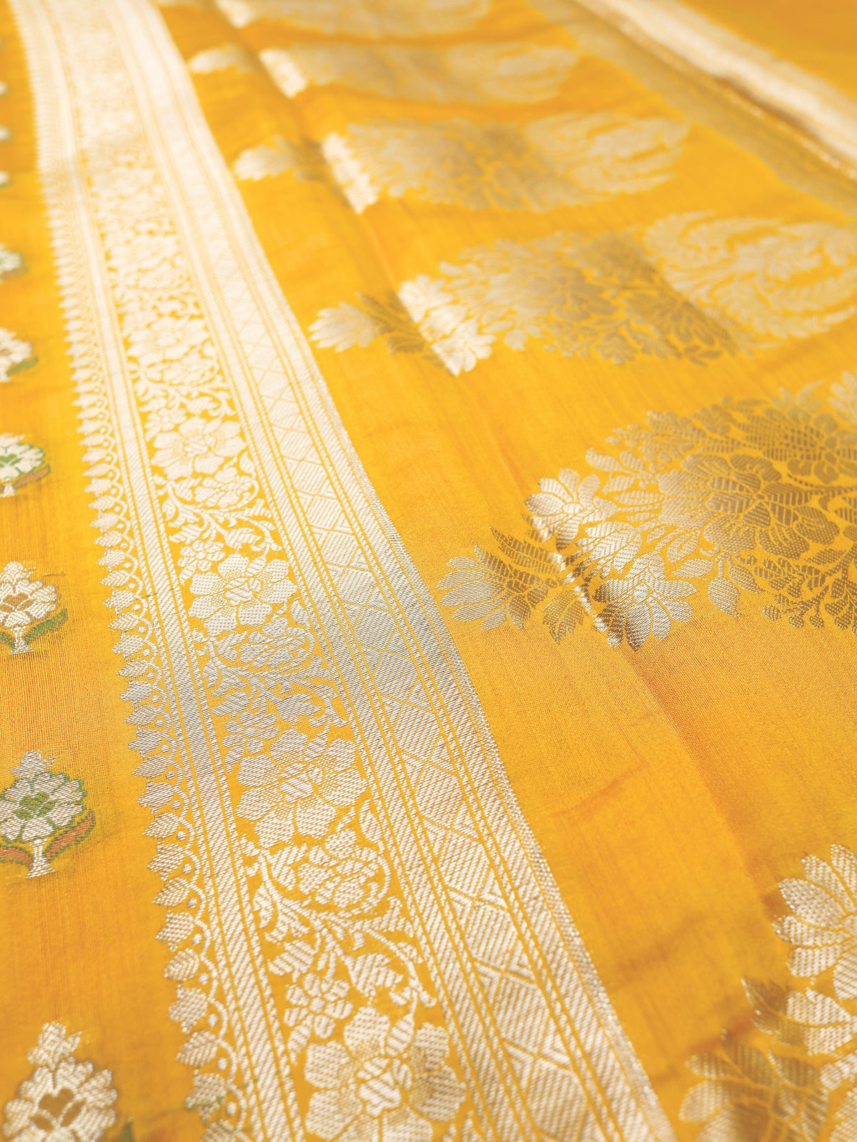 Marigold Yellow Chiniya Silk Banarasi Saree with Meenakari Butis