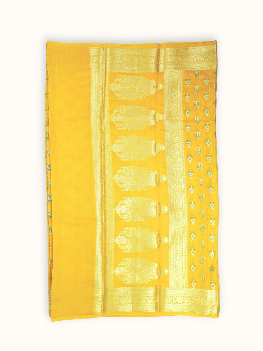 Marigold Yellow Chiniya Silk Banarasi Saree with Meenakari Butis
