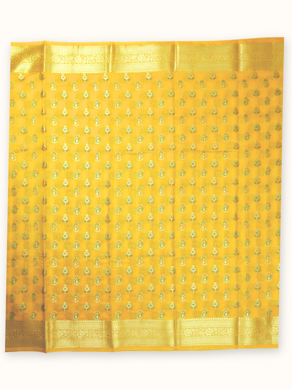 Marigold Yellow Chiniya Silk Banarasi Saree with Meenakari Butis