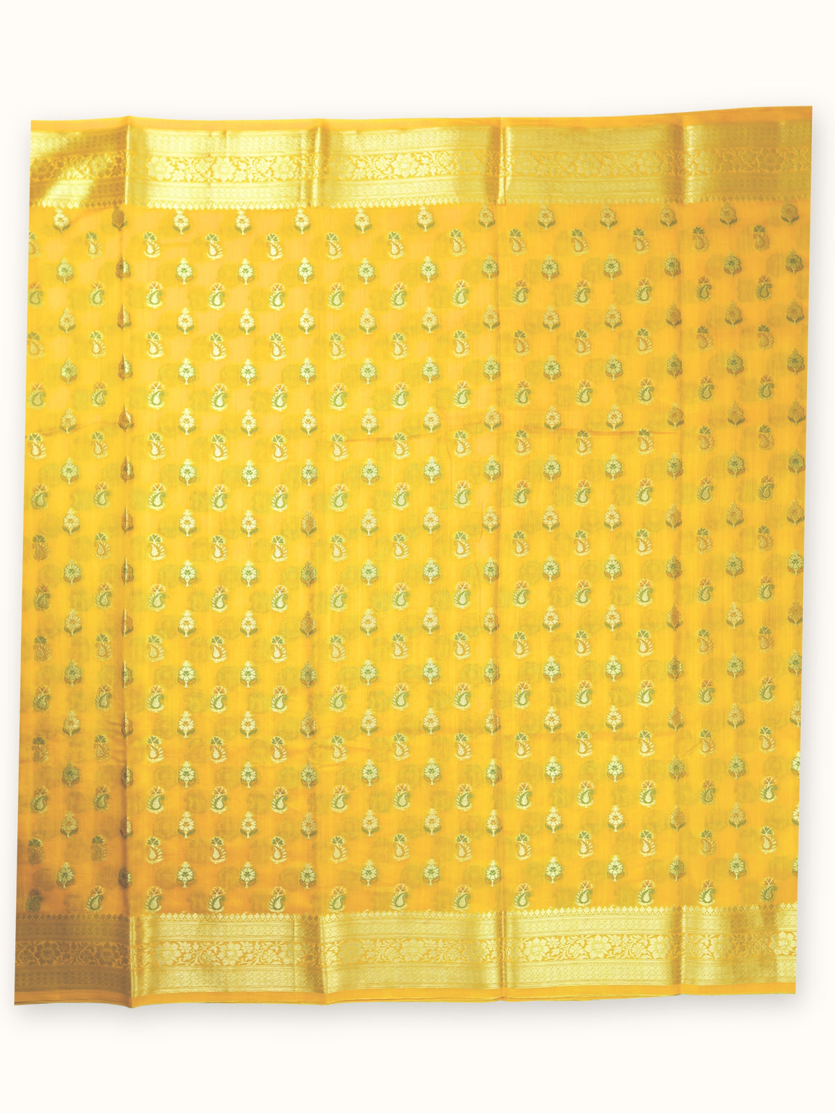 Marigold Yellow Chiniya Silk Banarasi Saree with Meenakari Butis