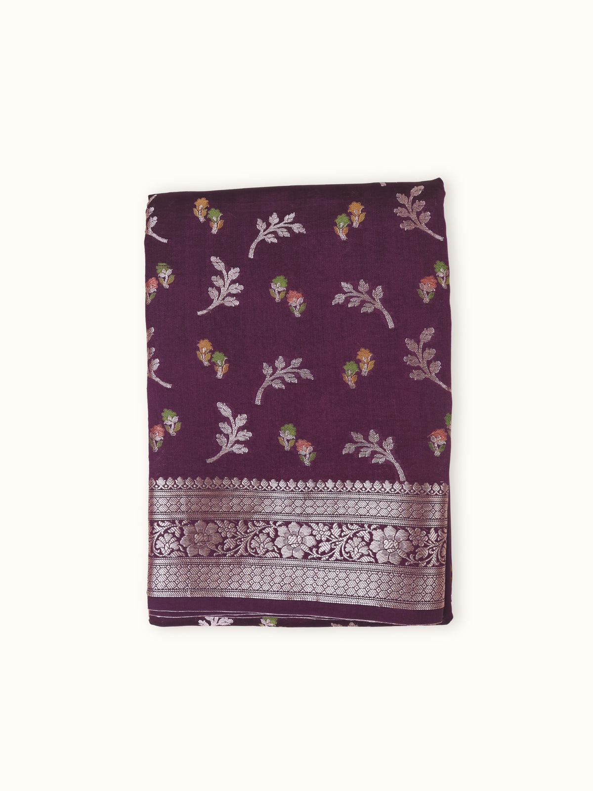 Plum Chiniya Silk Banarasi Saree with Silver Zari Border