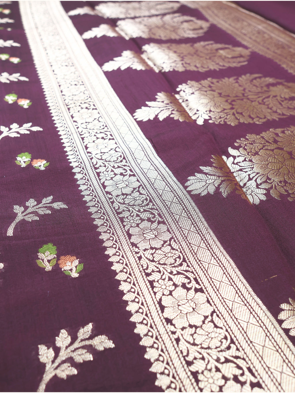 Plum Chiniya Silk Banarasi Saree with Silver Zari Border