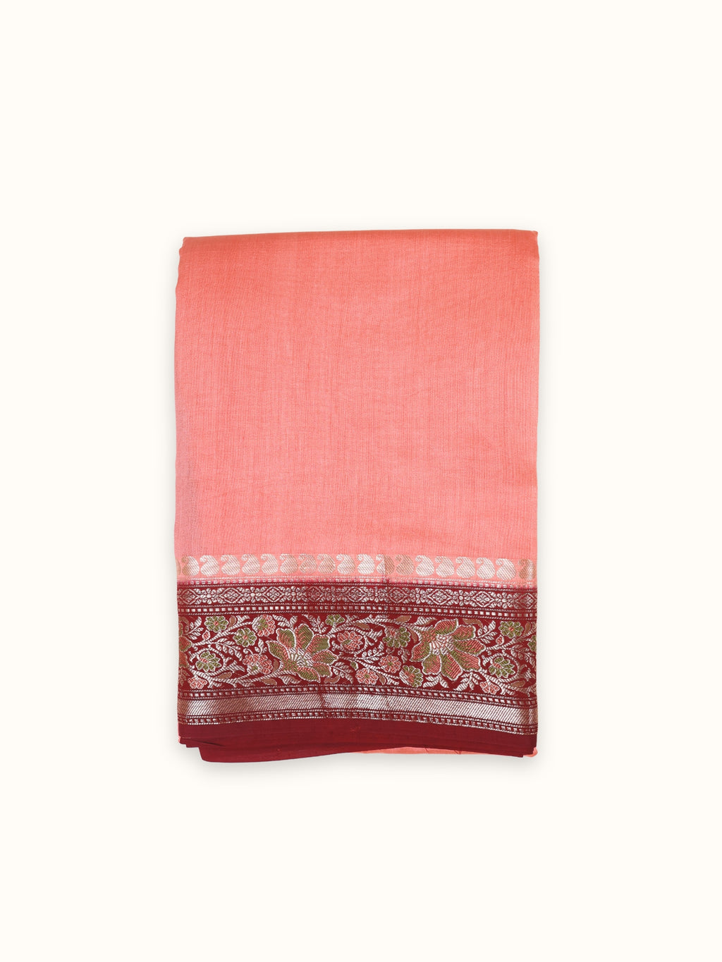 Coral and Maroon Chiniya Silk Banarasi Saree with Meenakari Pallu