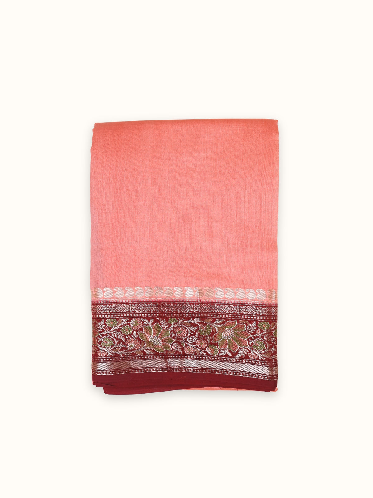 Coral and Maroon Chiniya Silk Banarasi Saree with Meenakari Pallu
