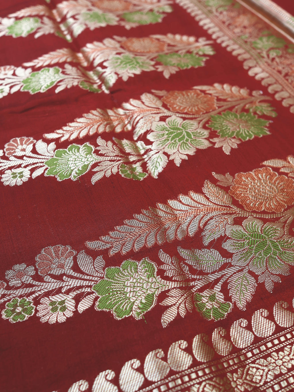 Coral and Maroon Chiniya Silk Banarasi Saree with Meenakari Pallu