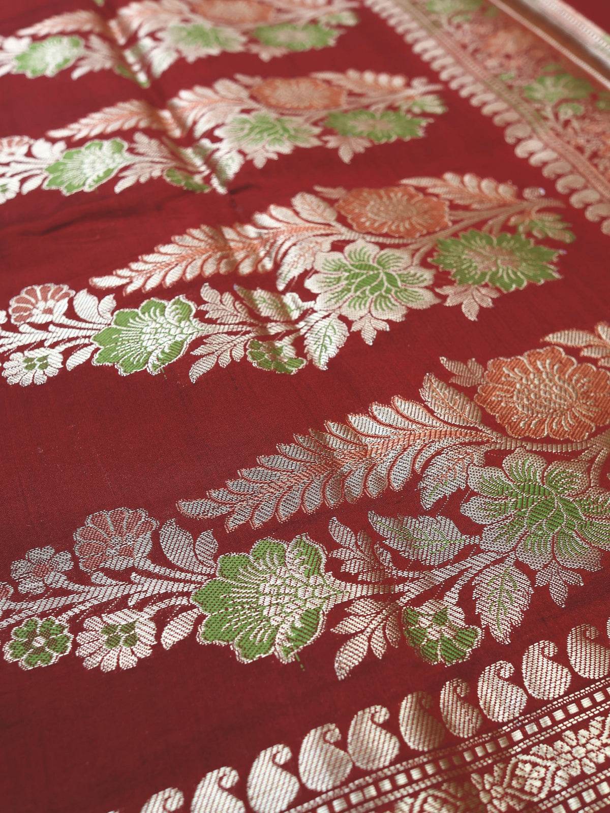 Coral and Maroon Chiniya Silk Banarasi Saree with Meenakari Pallu
