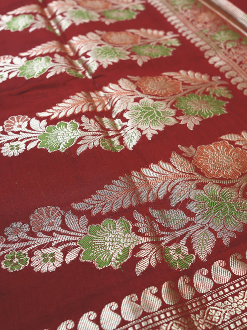 Coral and Maroon Chiniya Silk Banarasi Saree with Meenakari Pallu