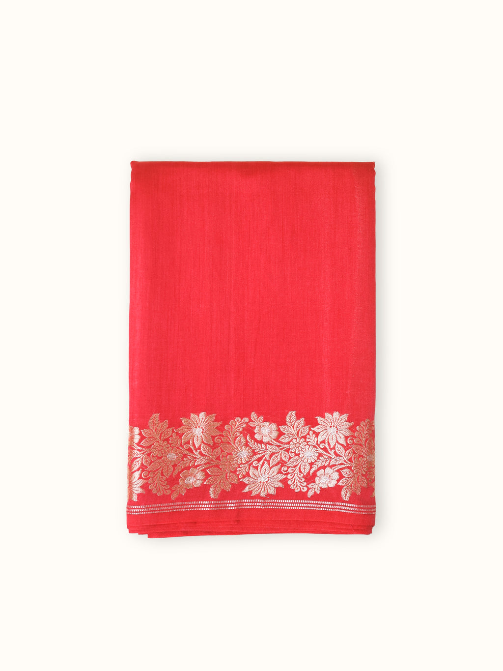 Red Chiniya Silk Banarasi Saree with Golden Zari Border