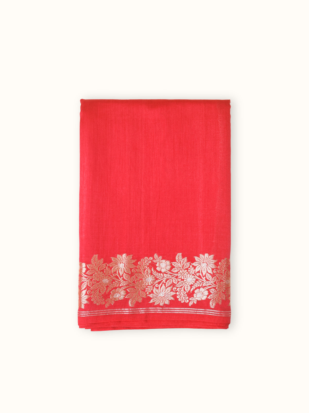 Red Chiniya Silk Banarasi Saree with Golden Zari Border