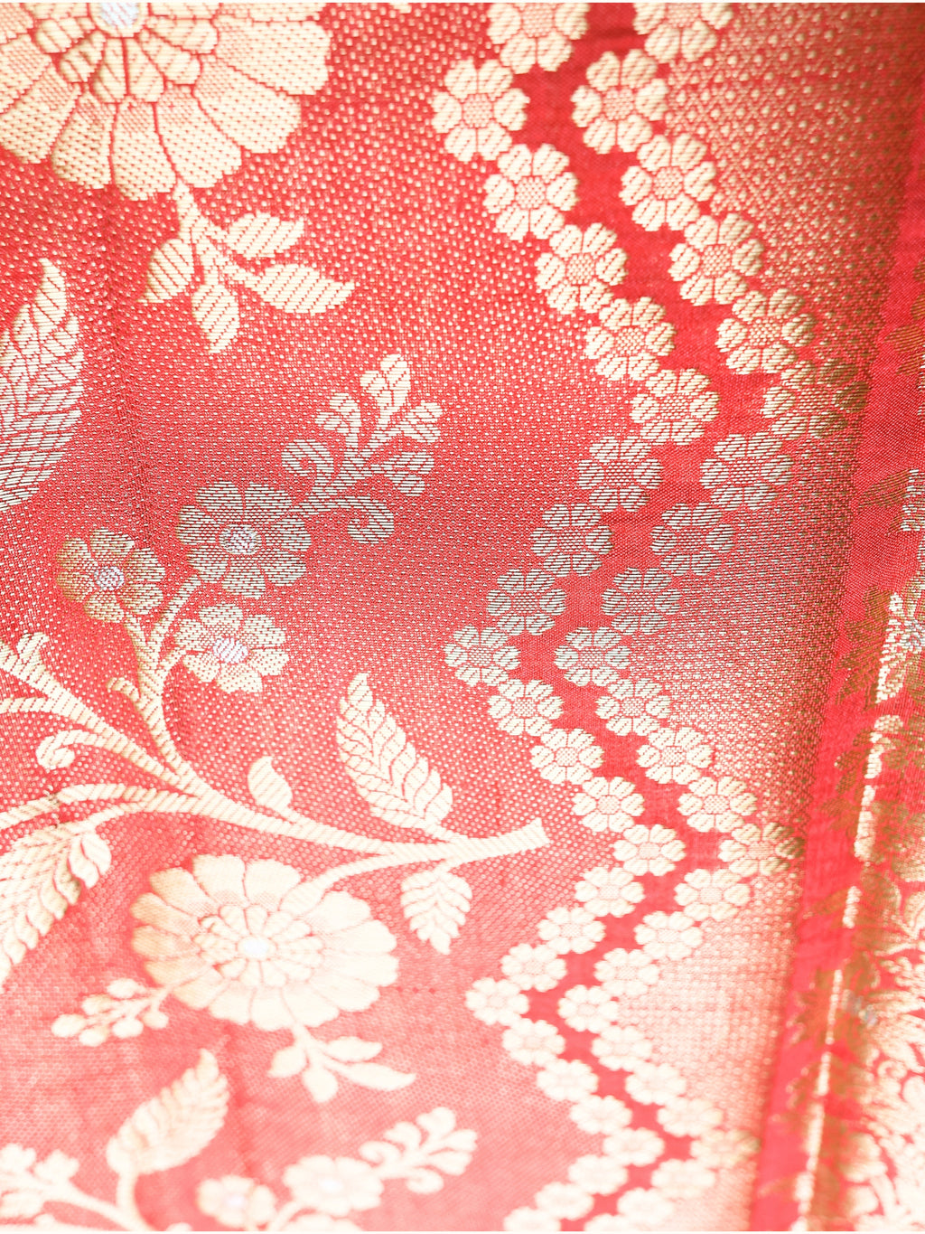 Red Chiniya Silk Banarasi Saree with Golden Zari Border