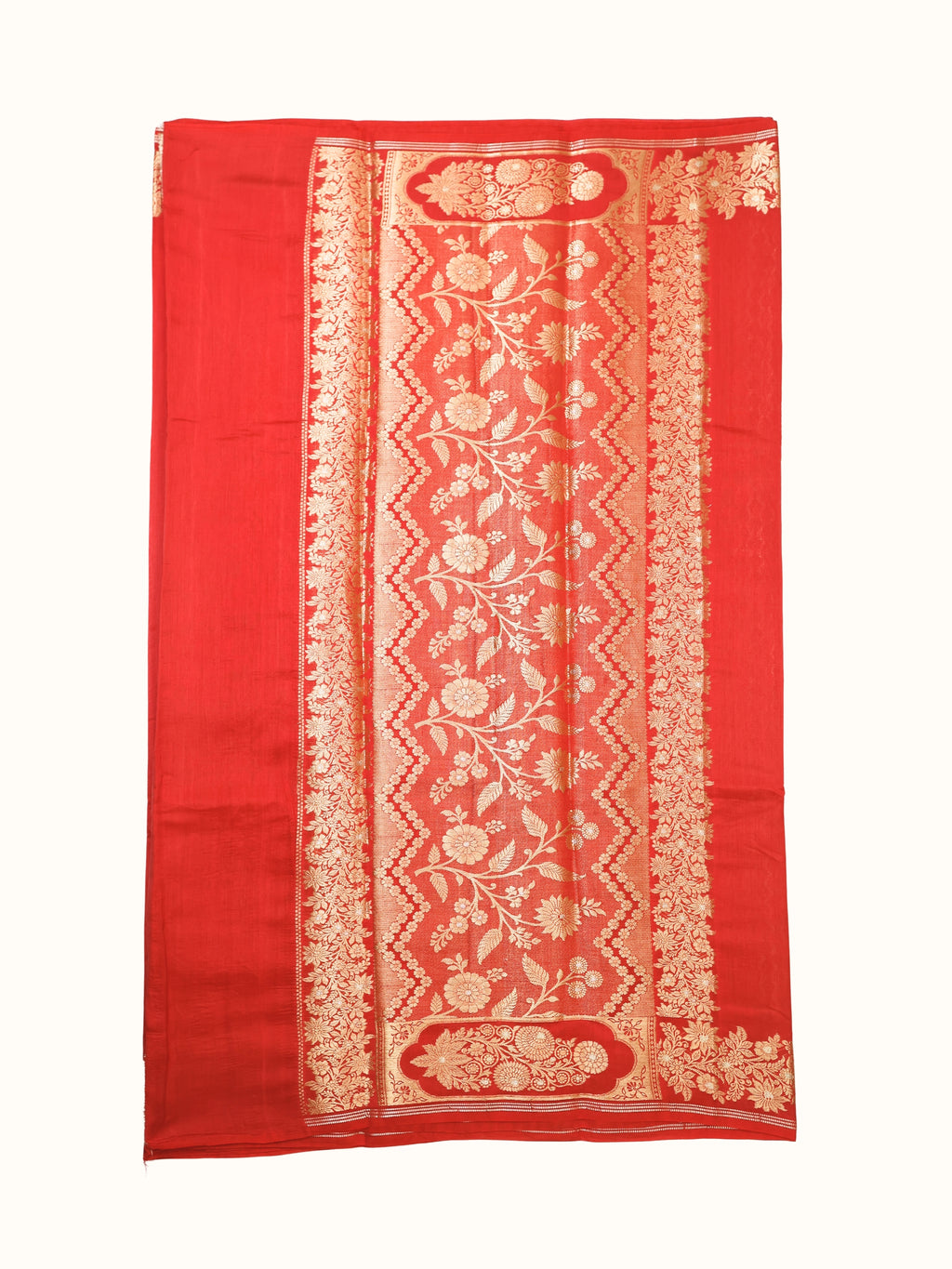 Red Chiniya Silk Banarasi Saree with Golden Zari Border