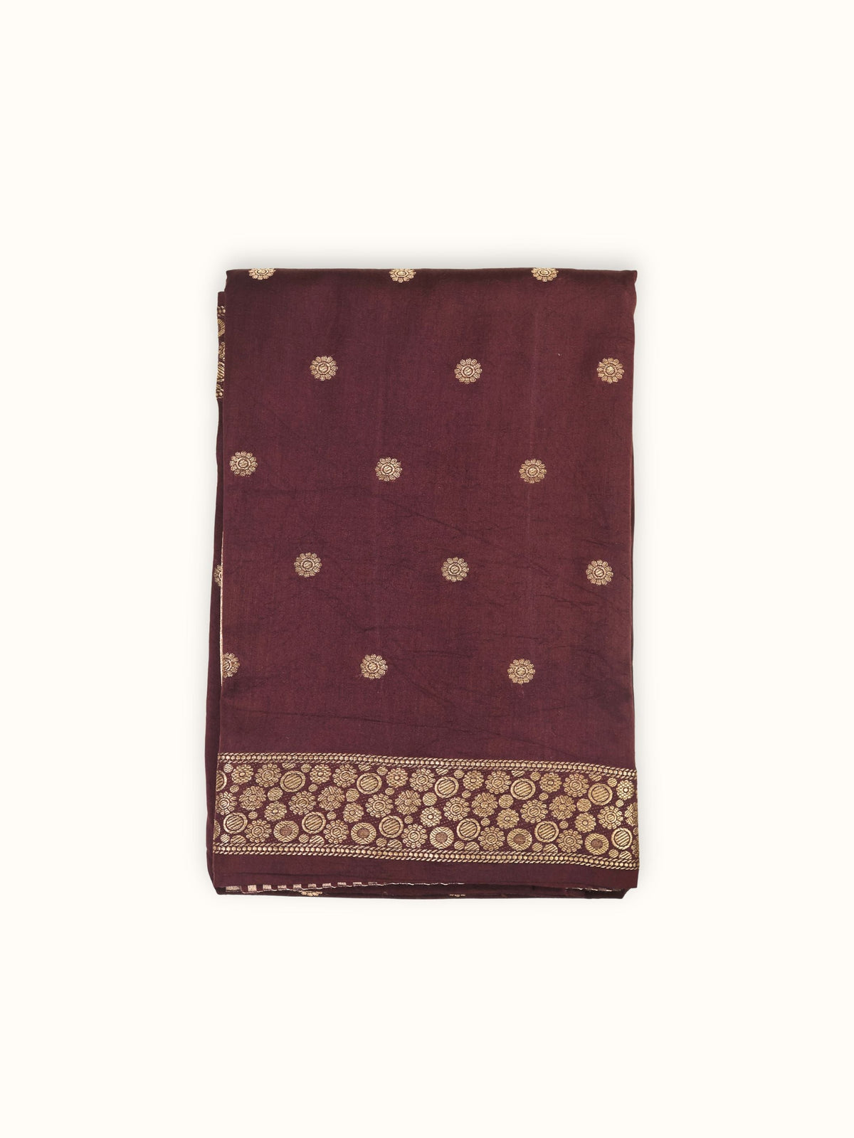 Coffee brown Chiniya silk saree folded, gold coin butis