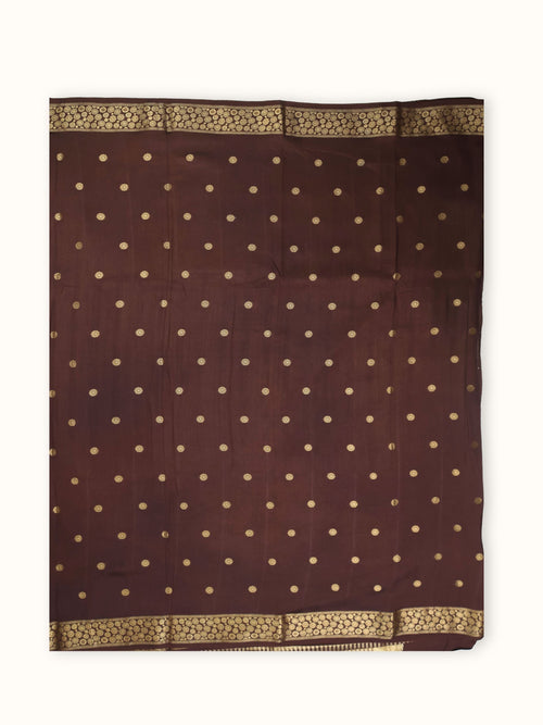 The saree spread flat, gold coins in even rows across the body