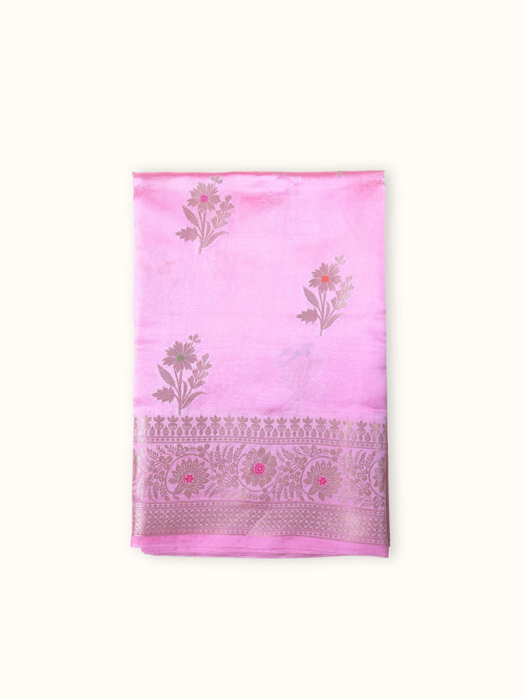 Rose pink Dupian silk saree folded, gold floral butis