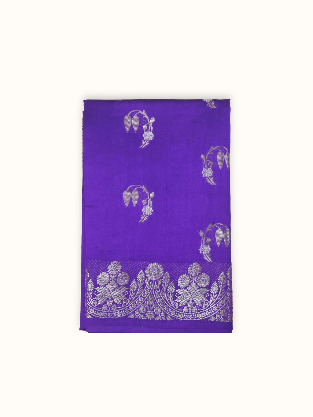Violet Raw Mango silk saree folded, silver sprig butis