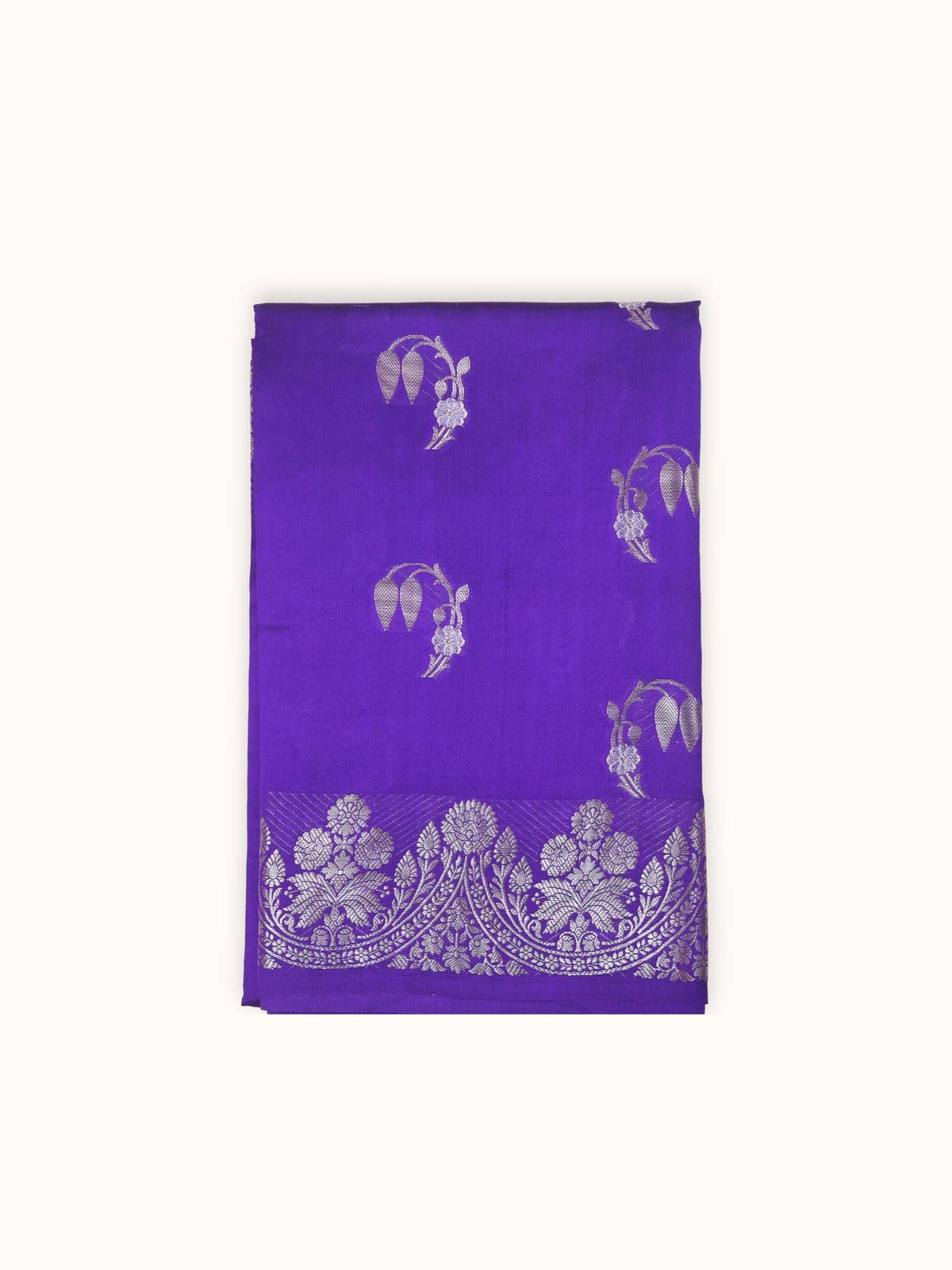 Violet Raw Mango silk saree folded, silver sprig butis