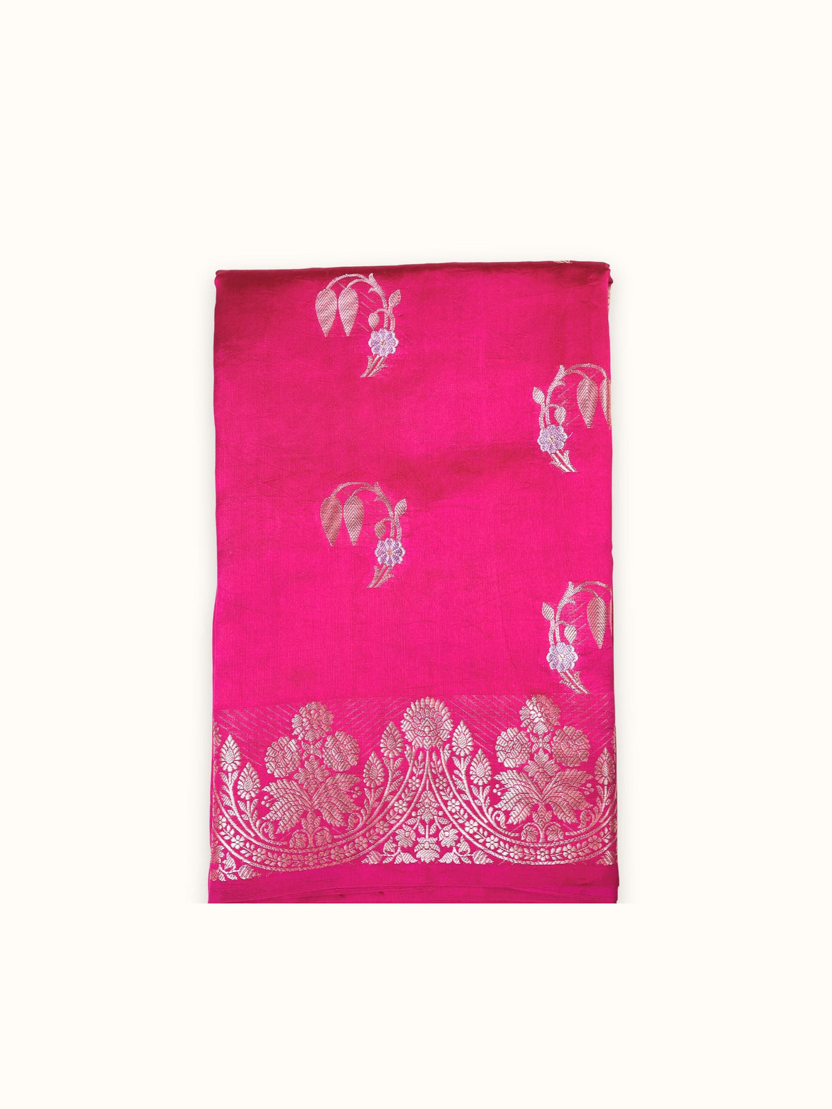 Magenta Raw Mango silk saree folded, silver sprig butis