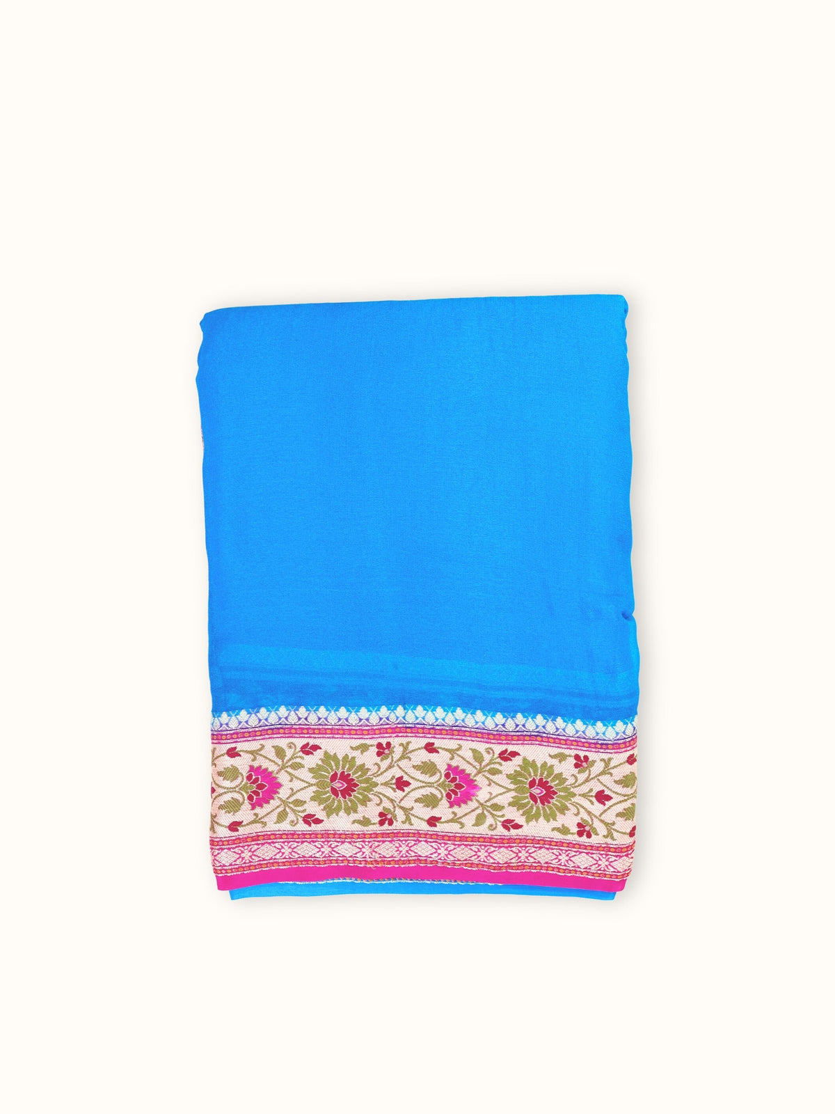 Azure Blue Chiffon Saree with Magenta Meenakari Pallu, folded