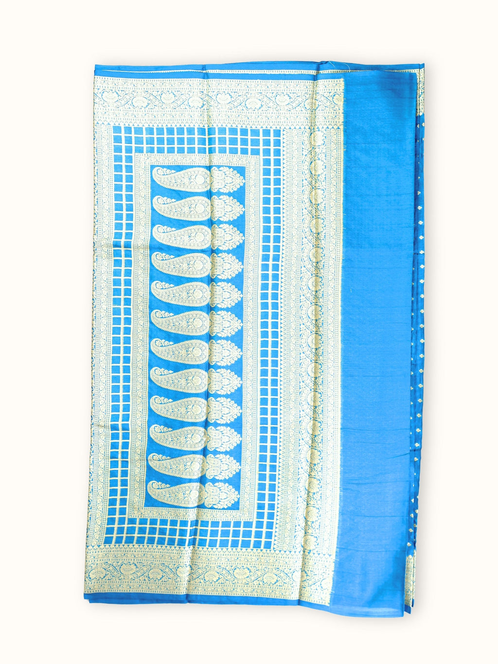 Pallu of tall paisleys inside a woven grid