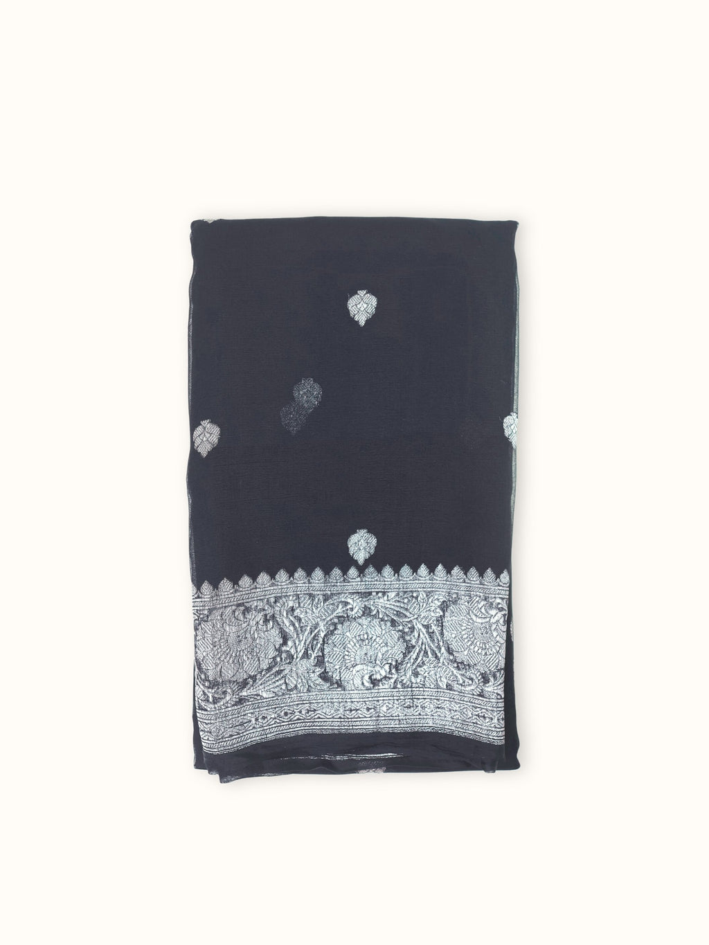 Black Khaddi Chiffon Handloom Saree with Silver Kadua Butis, folded
