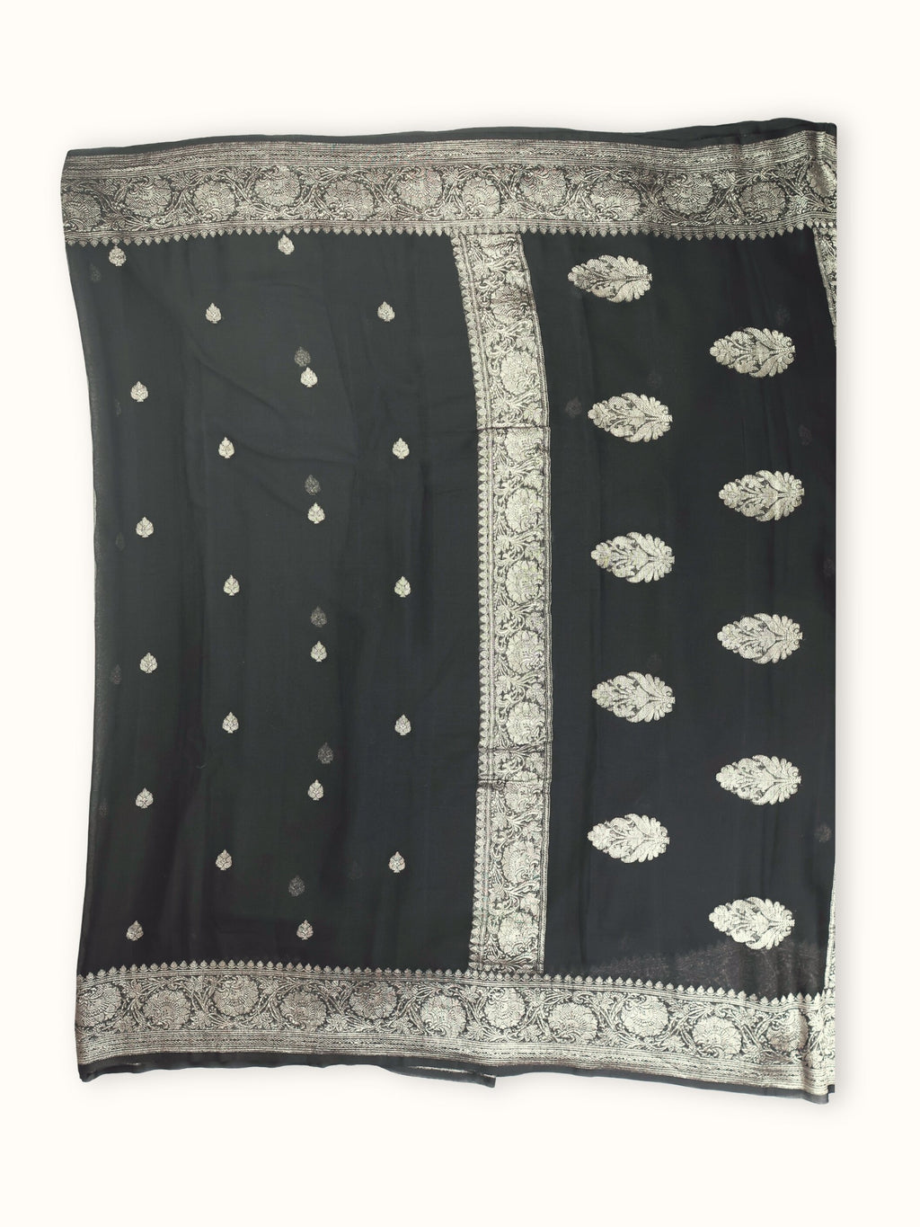 Black Khaddi Chiffon Handloom Saree with Silver Kadua Butis, full spread