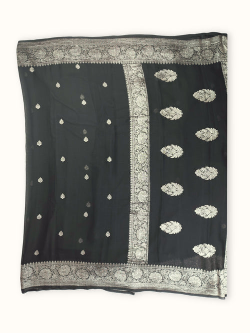 Black Khaddi Chiffon Handloom Saree with Silver Kadua Butis, full spread
