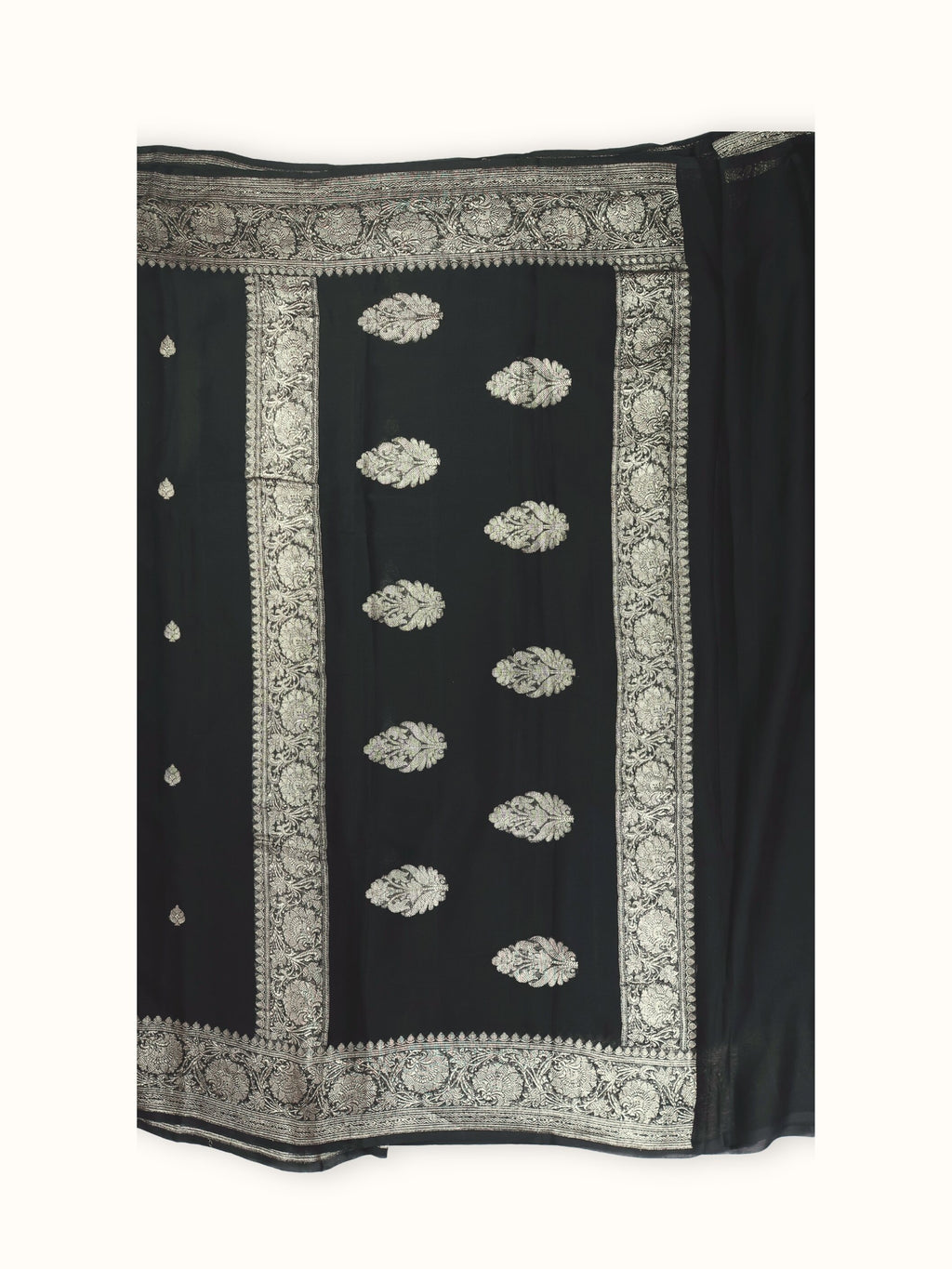 Black Khaddi Chiffon Handloom Saree with Silver Kadua Butis, pallu