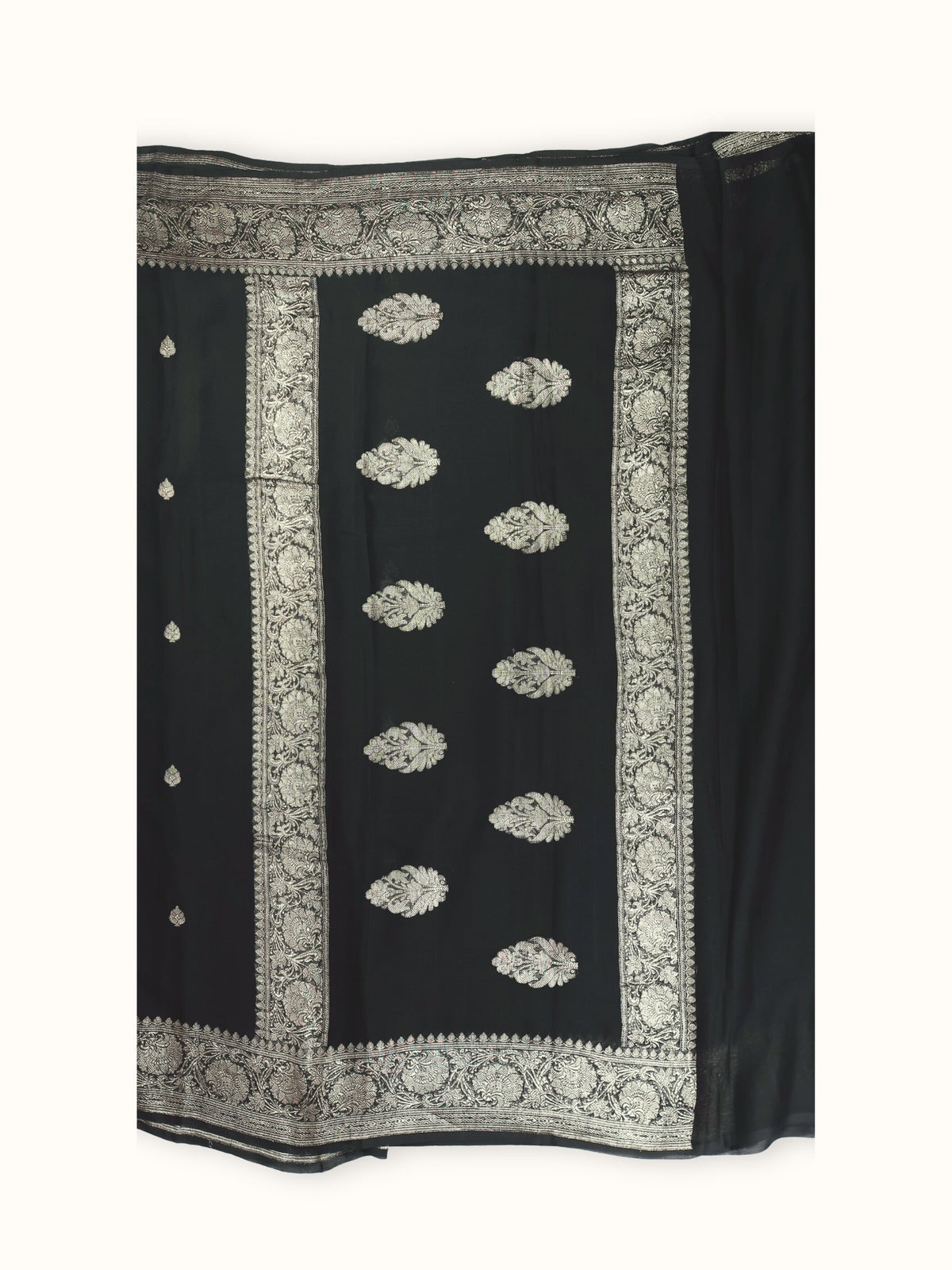 Black Khaddi Chiffon Handloom Saree with Silver Kadua Butis, pallu
