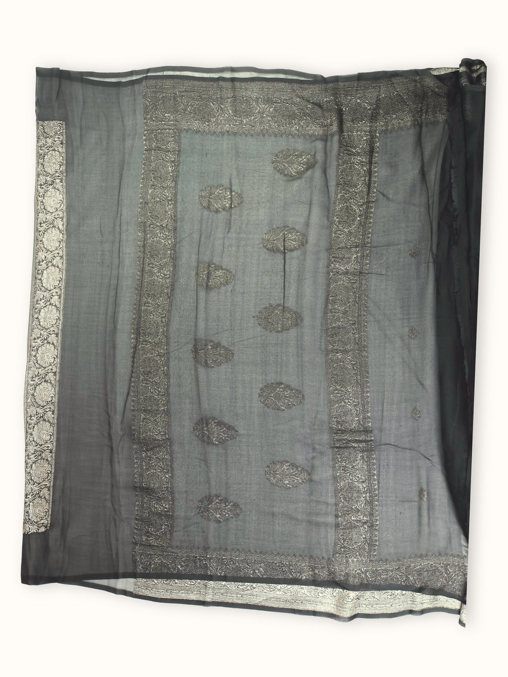 Black Khaddi Chiffon Handloom Saree with Silver Kadua Butis, blouse piece and border