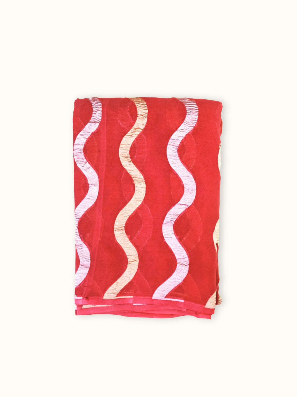 Coral Red Khaddi Georgette Handloom Saree with Zari Waves, folded