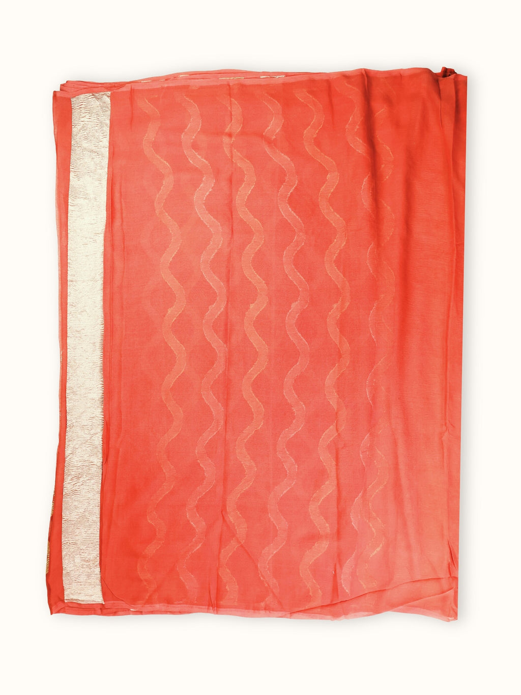 Coral Red Khaddi Georgette Handloom Saree with Zari Waves, blouse piece and border