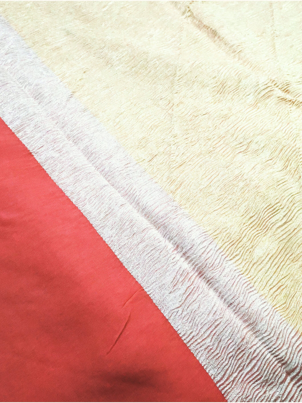 Coral Red Khaddi Georgette Handloom Saree with Zari Waves, close detail of the weave