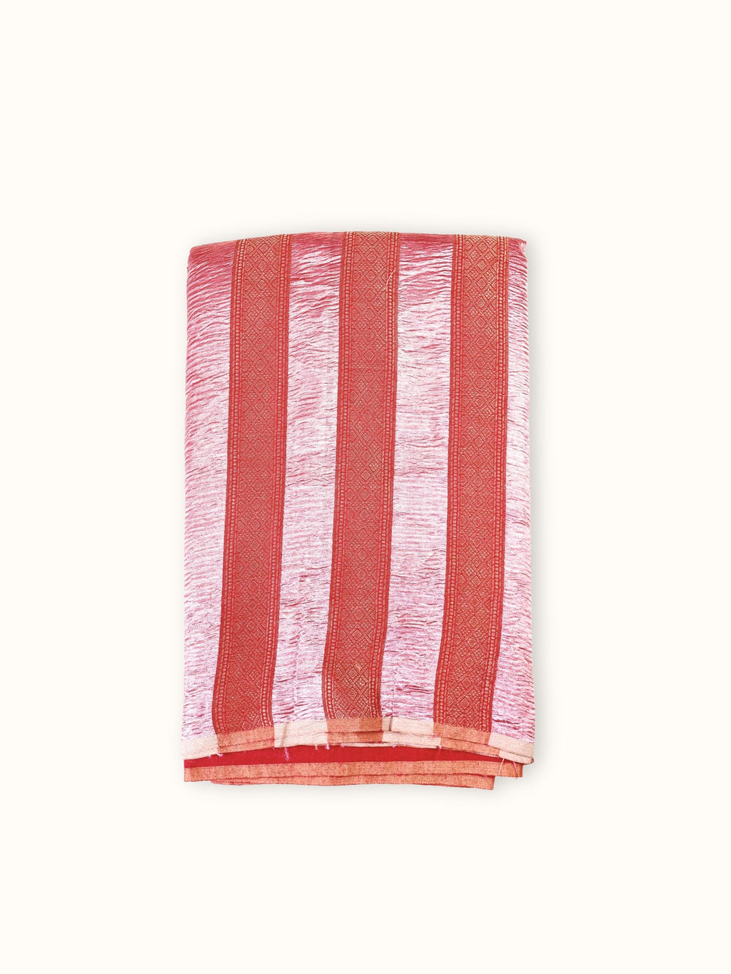 Coral red Muga stripe silk saree folded, with silver tissue stripes