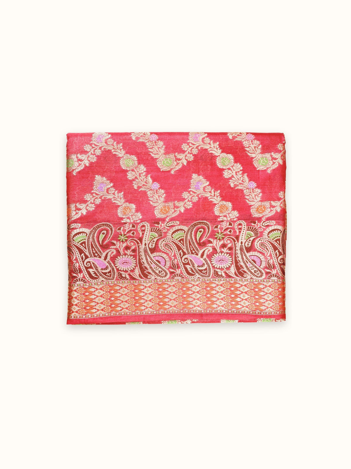 Coral red Tassar silk saree folded, with zigzag vines and a paisley border
