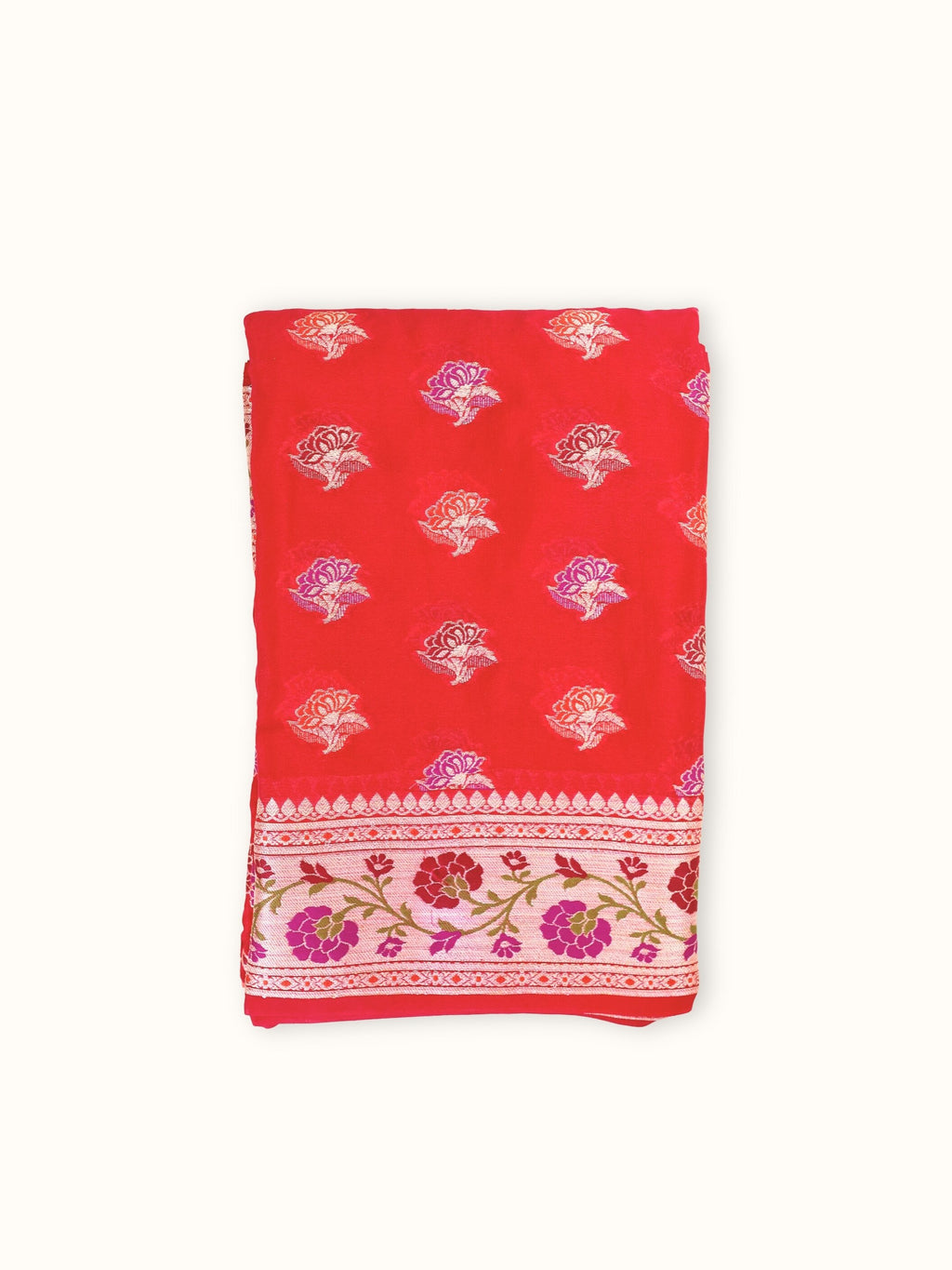 Crimson Chiffon Saree with Meenakari Panel Pallu, folded