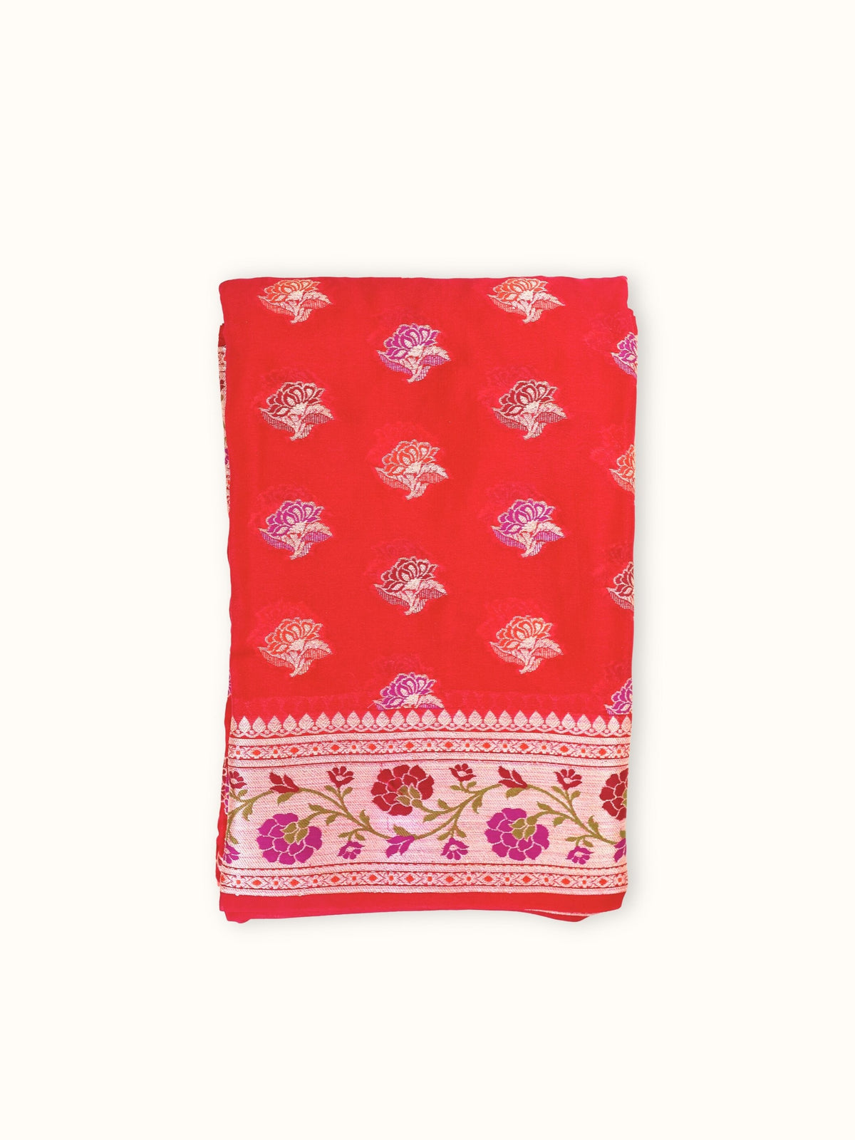 Crimson Chiffon Saree with Meenakari Panel Pallu, folded