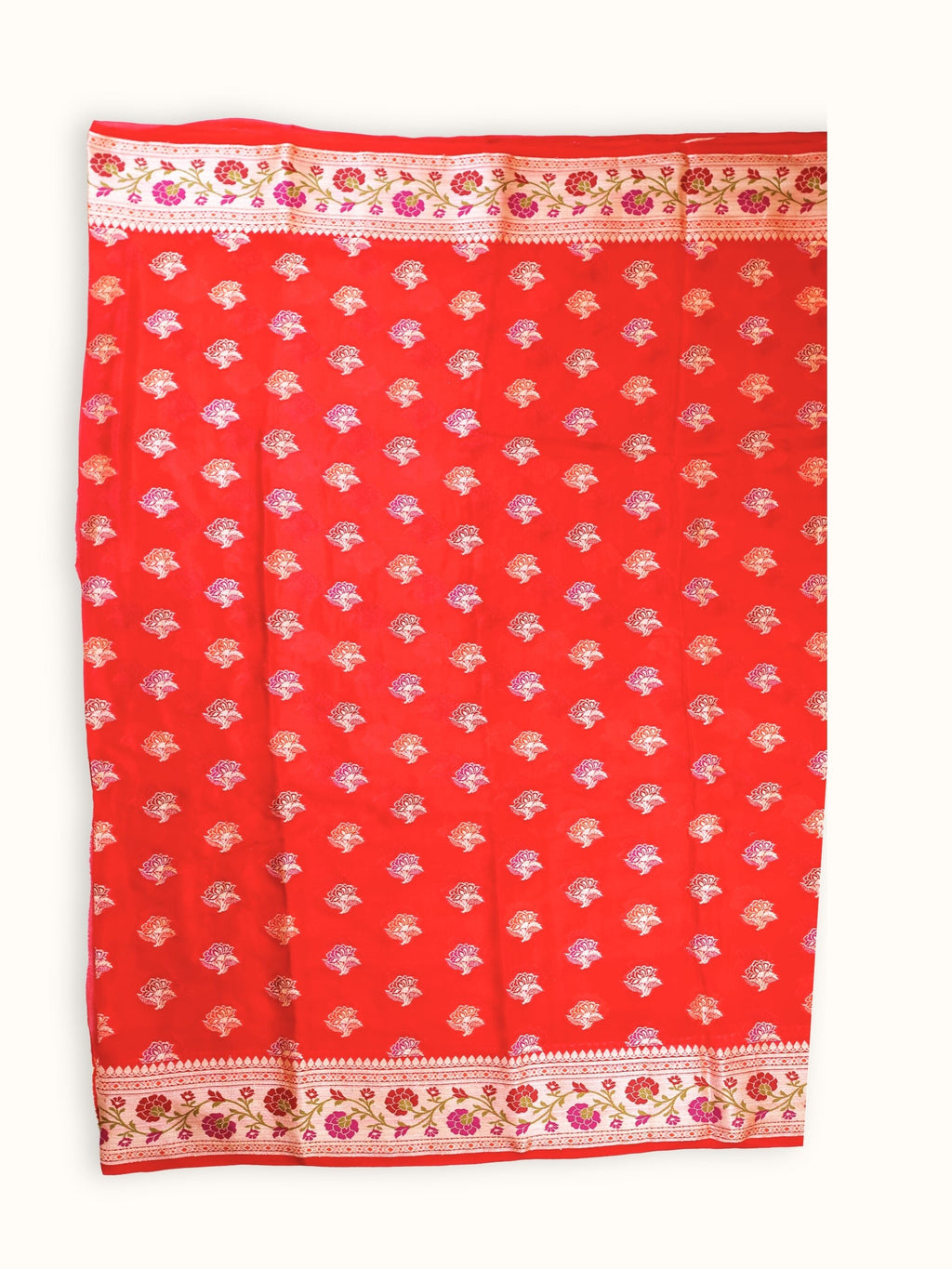 Crimson Chiffon Saree with Meenakari Panel Pallu, full spread