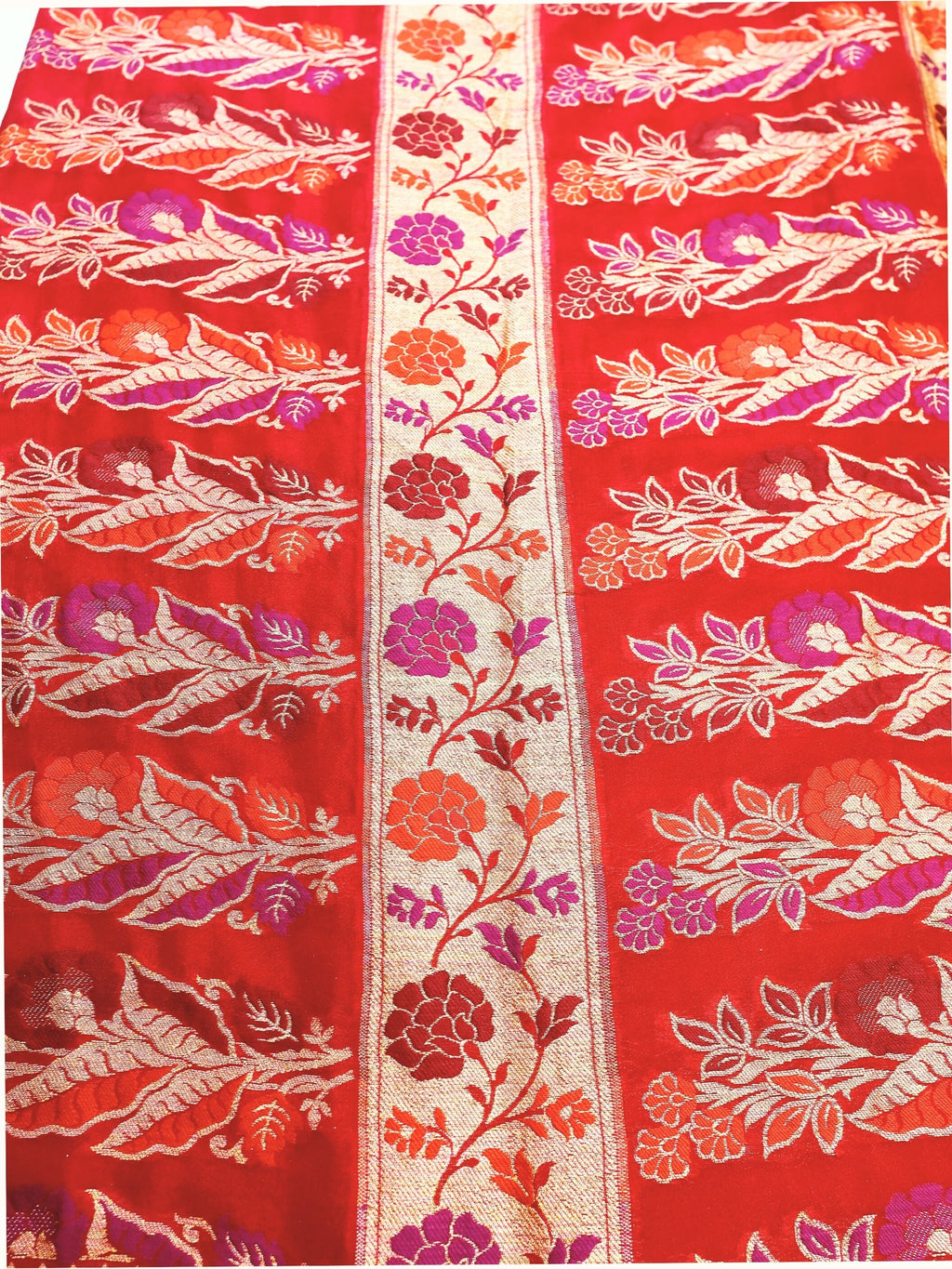 Crimson Chiffon Saree with Meenakari Panel Pallu, close detail of the weave