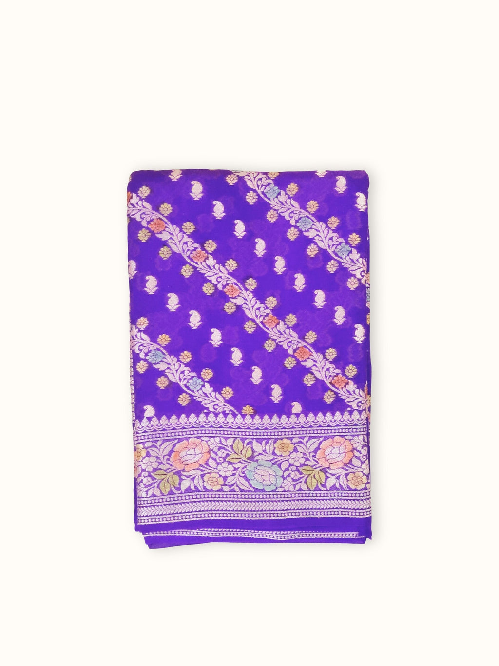 Deep Violet Chiffon Saree with Meenakari Rose Border, folded