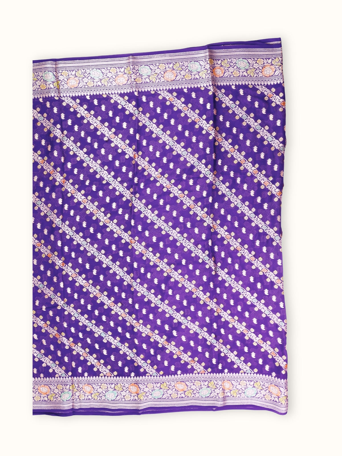 Deep Violet Chiffon Saree with Meenakari Rose Border, full spread
