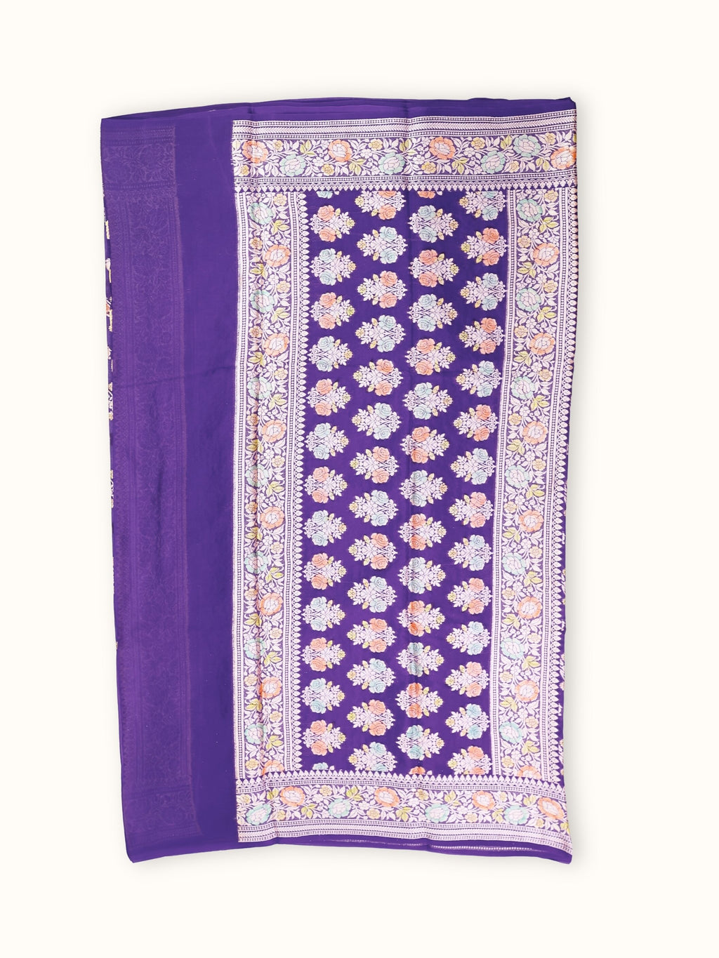 Deep Violet Chiffon Saree with Meenakari Rose Border, pallu
