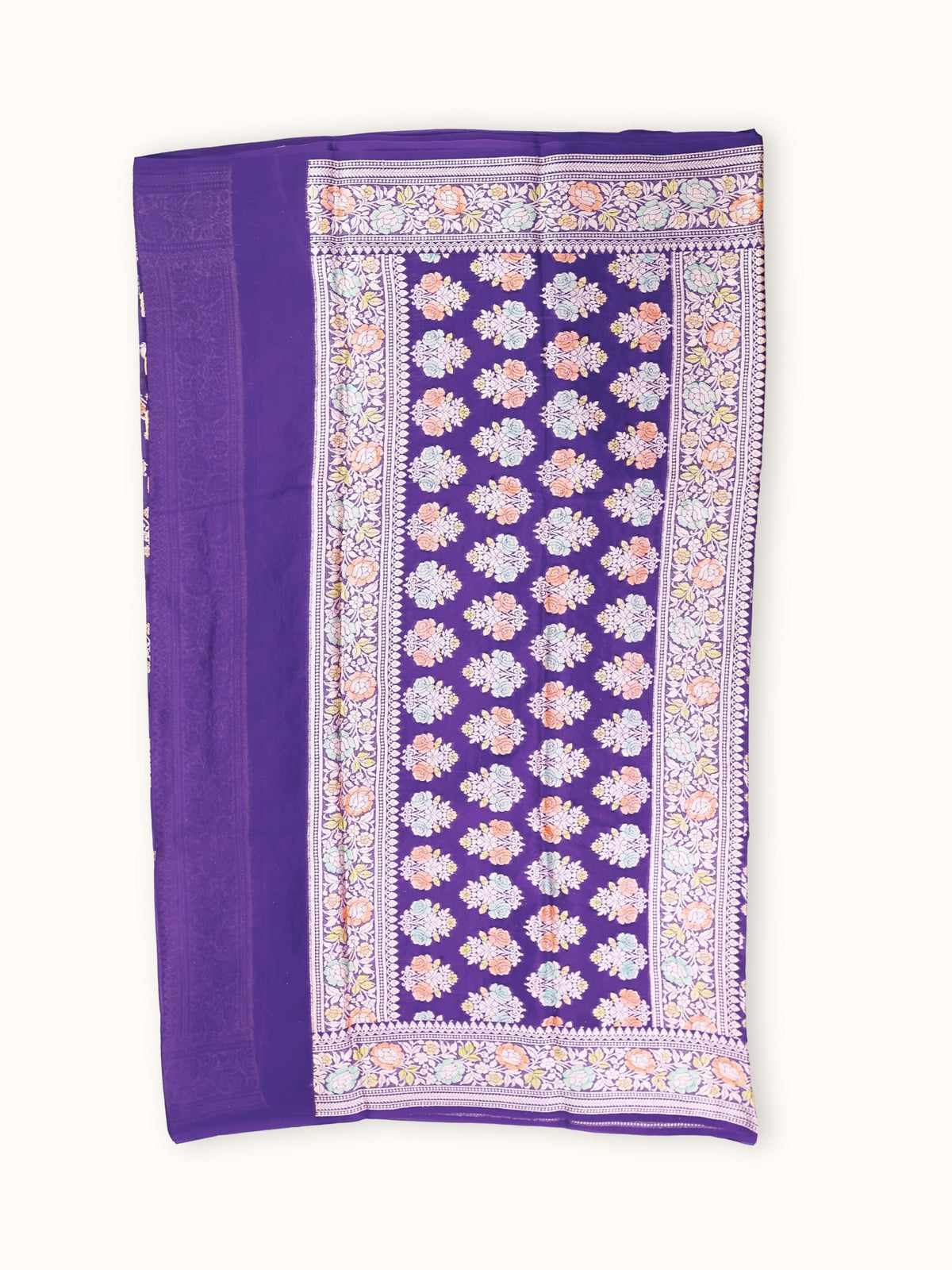 Deep Violet Chiffon Saree with Meenakari Rose Border, pallu