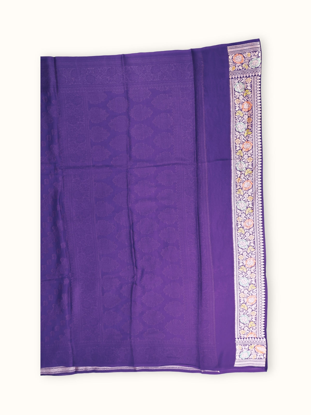 Deep Violet Chiffon Saree with Meenakari Rose Border, blouse piece and border