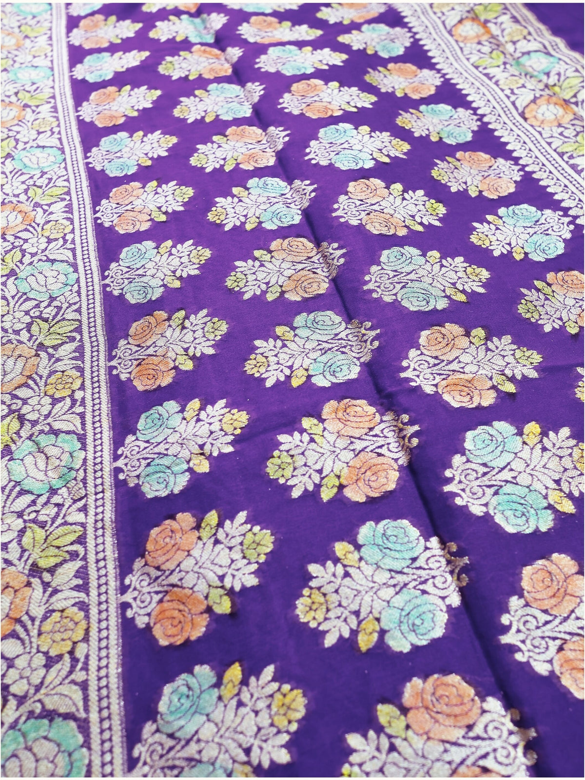 Deep Violet Chiffon Saree with Meenakari Rose Border, close detail of the weave