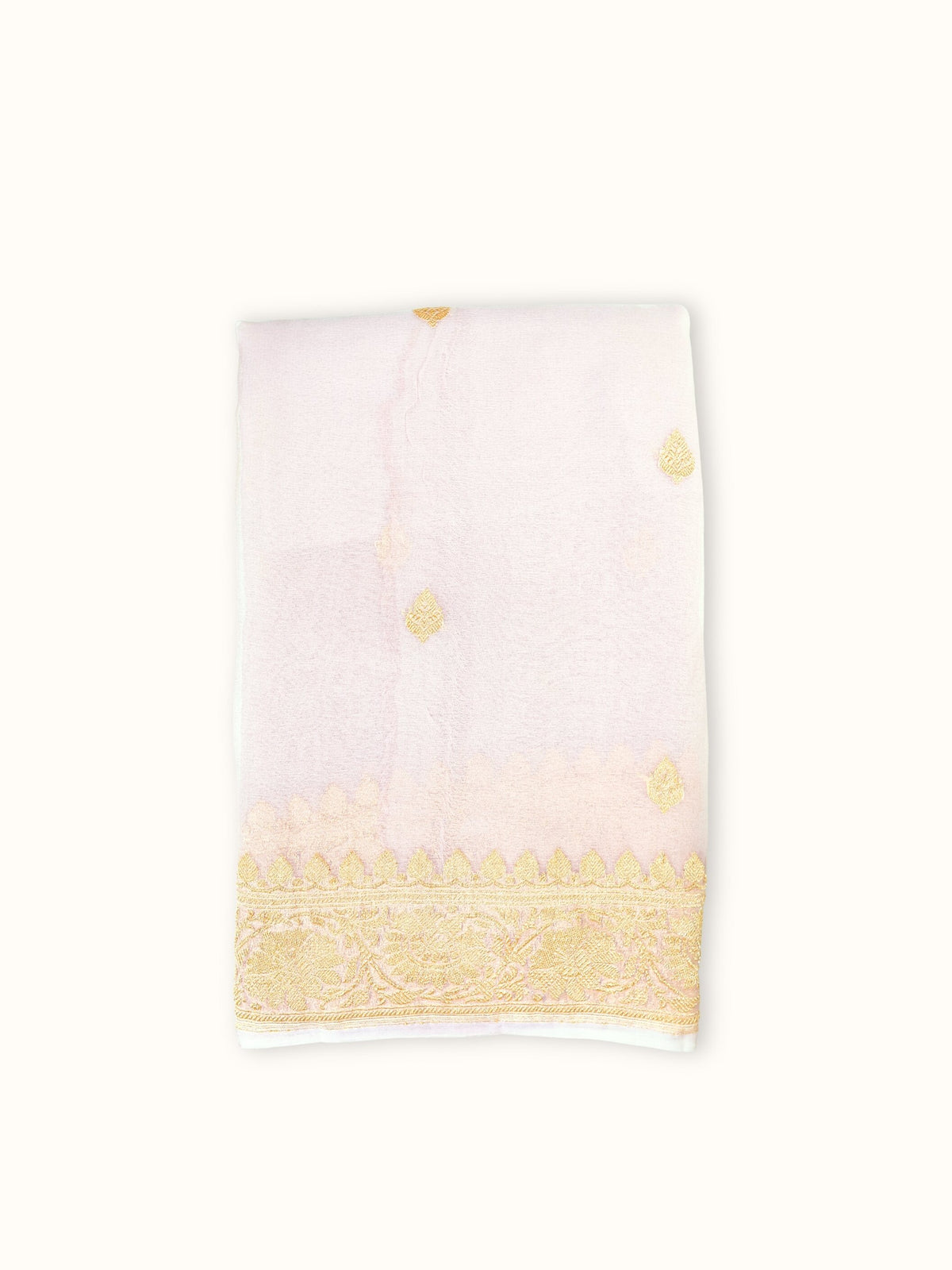 Ivory Khaddi Chiffon Handloom Saree with Gold Kadua Butis, folded