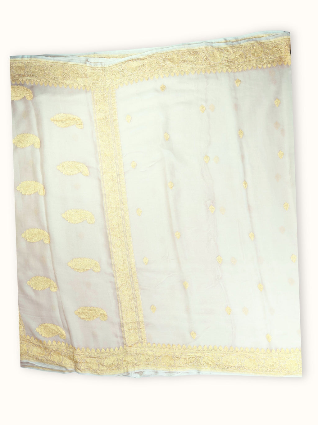 Ivory Khaddi Chiffon Handloom Saree with Gold Kadua Butis, full spread