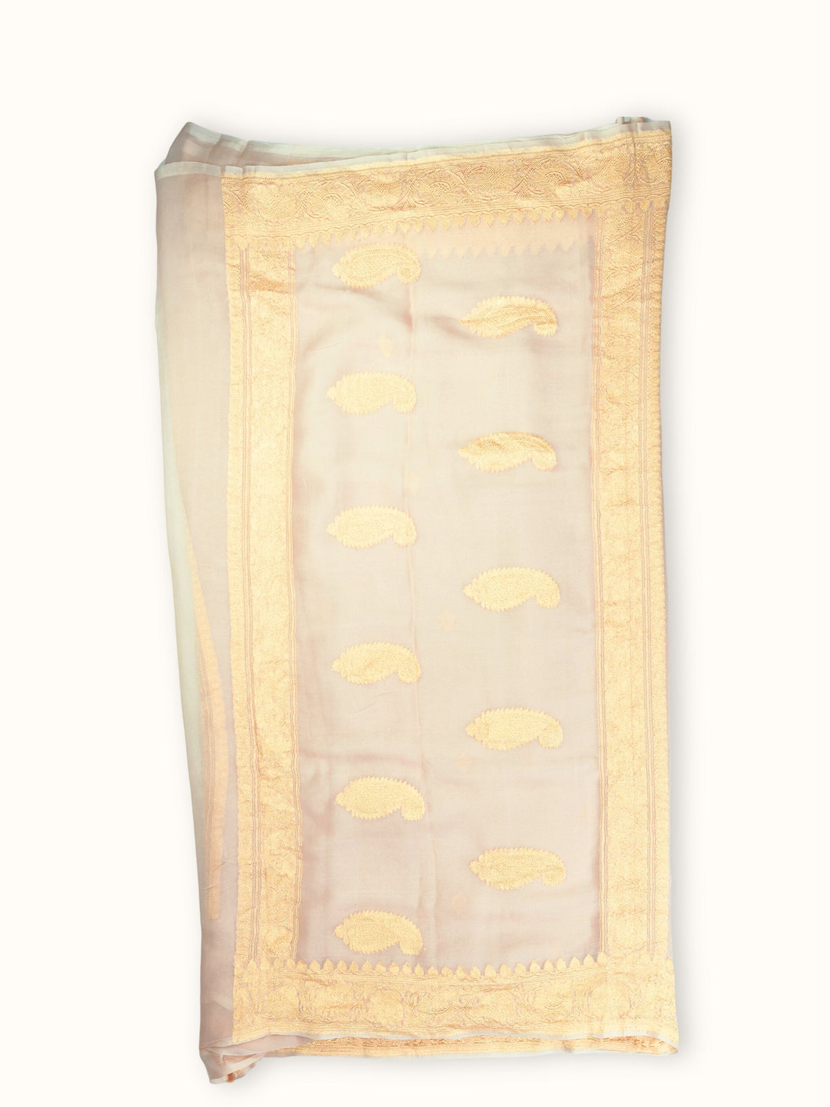 Ivory Khaddi Chiffon Handloom Saree with Gold Kadua Butis, pallu